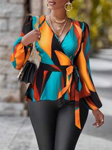 SHEIN Unity Blusa elegante con mangas farol y escote en V de bloques de color (estampado aleatorio), Top con peplum para primavera y verano