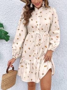 SHEIN VCAY Floral Print Ruffle Hem Long Sleeve Dress - Multicolor - View 4