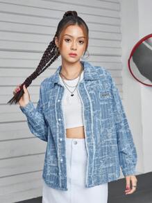 Loose Denim Shirt Jacket For Teen Girl - Light Wash - View 3