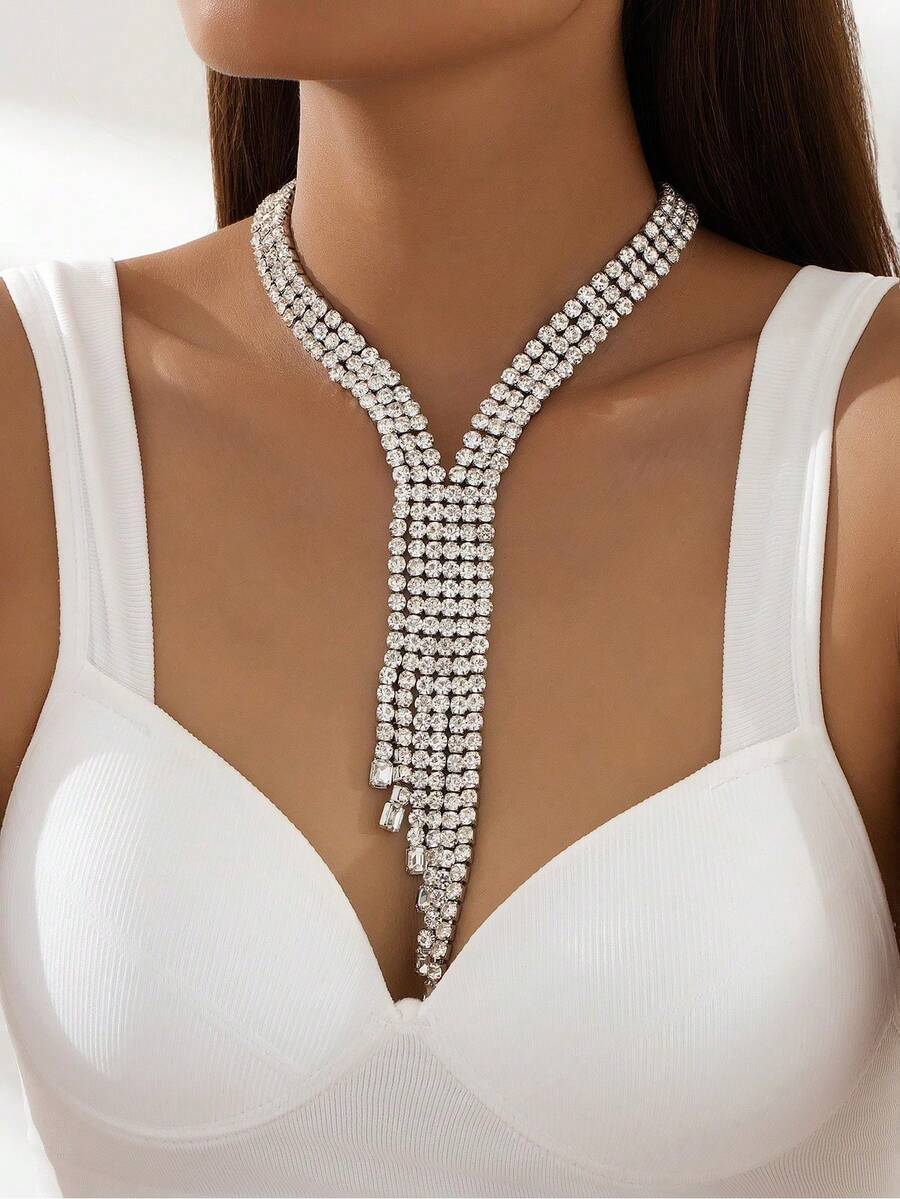 1PC Thời Trang Sang Trọng Đá Nhân Giả Đá Quý Hình Chữ Y Cho Tiệc Cưới - Bạc - Xem 1