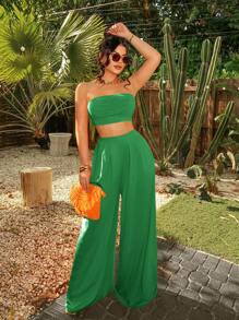 SHEIN SXY Women Fashionable Ruched Strapless Wide Leg Pants Set Summer Vacation Holiday Beach BOHO Sexy Vacation Outfits Women