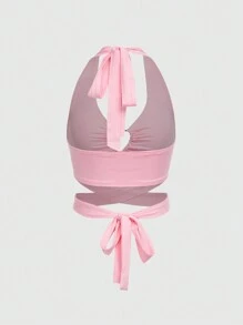 ROMWE Kawaii Camisola sexy de malha com coração de metal e laço com alças finas para mulheres