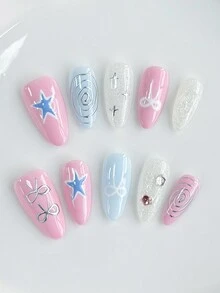 ROMWE Kawaii 10 miếng dán móng tay hình ngôi sao và nơ nhiều màu + 3 miếng dán hai mặt, miếng dán móng tay đính đá Y2K có thể tái sử dụng cho tiệc tùng, khiêu vũ và đeo hàng ngày - Nhiều màu - Xem 2