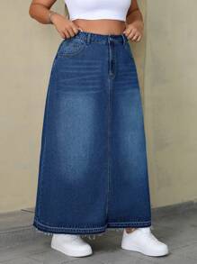 SHEIN ICON Plus Size Women's Loose Straight Pocket Denim Long Skirt