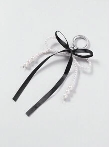 ROMWE Kawaii 2pcs/Set Gothic Style Black Lace Net + White Faux Pearl Bow Decor Keychain And Bag Charm Accessory Set, Fashionable Combo Fit For Sisters, Girlfriends And Friends, Ideal Gift Valentines