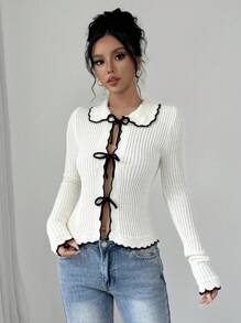 Elenzga 女士纯色简约休闲 V 领蝴蝶结装饰长袖开衫 - 杏色 - 查看 4