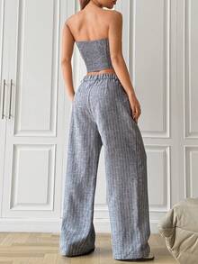 Muchica Bộ 2 món áo crop top không tay in sọc màu xám đậm và quần túi thường ngày cho nữ - Đen và trắng - Xem 3