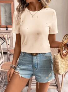 SHEIN Frenchy Women Thread Embroidery Heart Print Casual Daily Wear Short Sleeve T-Shirt,Summer T-Shirt Women T Shirts  Tea Party Attire Embroidered Top  T-Shirt Summer Tops - Apricot - View 3