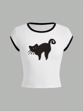 Kawaii Camiseta de manga corta de ajuste ceñido con estampado de gato para mujer