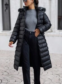 EURMUSE 长款毛皮细节连帽衫，羽绒大衣绗缝夹克，配金属腰带扣 - 黑色 - 查看 5