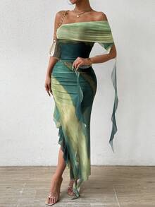 SHEIN PETITE Váy lưới voan mềm mại co giãn in họa tiết quanh năm cho bãi biển dự tiệc và ngày lễ - màu xanh lá - Xem 4