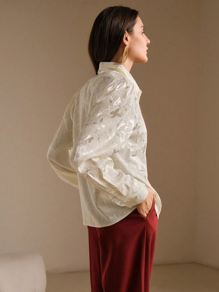 Apricot Stand Collar Minimalist Jacquard Butterfly Print 3D Design Blouse For Women Women Shirt