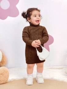 SHEIN Leap Crew Baby Girl Adorable Solid Color Cable Knit Turtleneck Sweater Dress For Fall/Winter - Multicolor - View 5