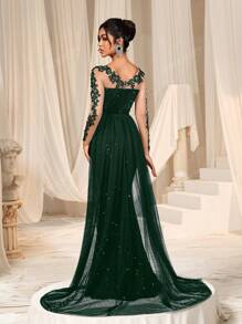 Faeriesty Faeriesty Elegant Sequin-Glitter Mermaid Tail Gown With Floral Embroidery & Flowing Tulle Train | Luxury Evening Dress For Black Tie Galas, Weddings