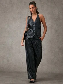 SHEIN BAE Vestă de damă, piele PU, cu rever, ocazional de afaceri, top negru, toamnă, haine pentru femei, ținute de toamnă, ținute pentru femei, ținute de iarnă, pentru halloween, vestă pentru femei, top, haine de iarnă, jachetă de piele, bani vechi, renaștere - Negru - Vizualizare 1