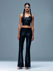 TypaGal Pantalones acampanados de talle bajo, slim de poliuretano negro