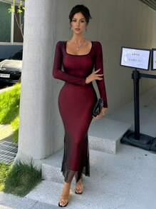 Chiquease 2024 Autumn Winter New Net Mesh Mermaid Dress - Red - View 1