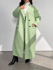 Calvaya Plus Size Green Front Button Long Sleeve Coat With Pockets, For Winter - Mint Green - View 5
