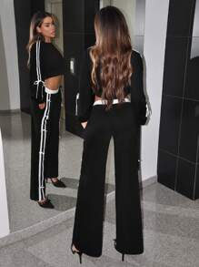 SHEIN ICON Women's Y2k Sporty Casual Going Out Fall Outfits Black Low-Rise Two-Tone Bow Wide Leg Sweatpants - Black - View 2