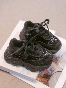 Nuevos zapatos deportivos para niños de otoño, tenis negros para niños grandes, zapatos casuales con plataforma de suela gruesa para niñas, zapatos para correr para estudiantes - Negro - Ver 1