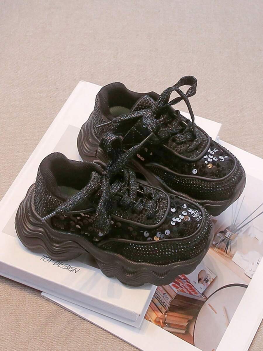 Nuevos zapatos deportivos para niños de otoño, tenis negros para niños grandes, zapatos casuales con plataforma de suela gruesa para niñas, zapatos para correr para estudiantes - Negro - Ver 1