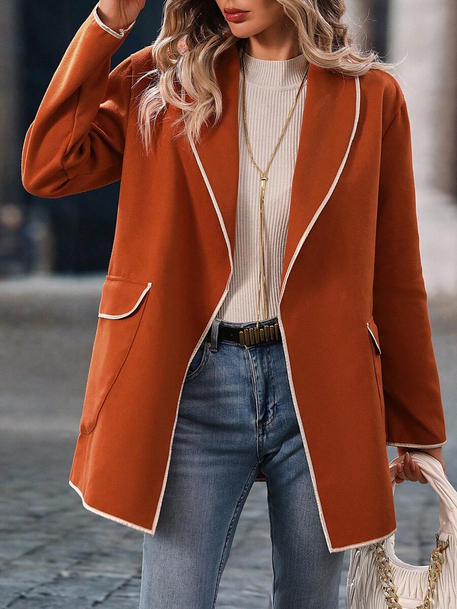 Chiquease Women Contrast Color Trimmed Long Sleeve Overcoat Fall Cloth For Women - Orange - View 1
