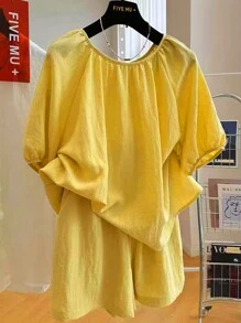 INAWLY 2 件大码女式纯色圆领插肩袖休闲宽松上衣和短裤套装，夏季 - 黃色 - 查看 1