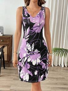 Breezaya Váy ngắn không tay in hoa thông thường mùa hè cho nữ - màu đen - Xem 3