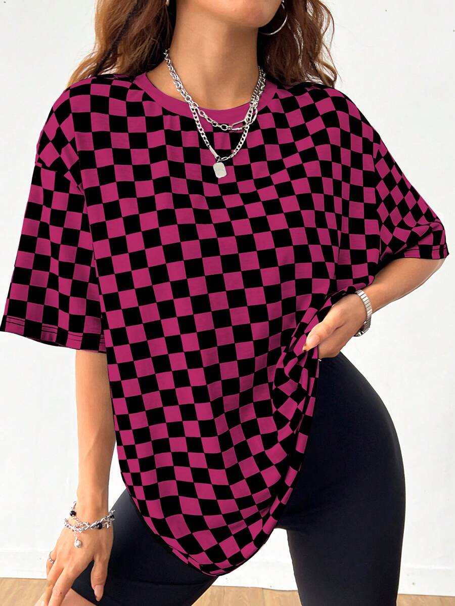 SHEIN EZwear 休闲简约黑粉色格纹圆领短袖宽松T恤女夏季 - 彩色 - 查看 1