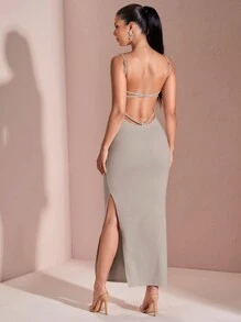 SHEIN BAE Đầm bodycon đen gợi cảm hở lưng, cổ vuông, dây mảnh, buộc chéo gợi cảm mùa hè - Xám - Xem 4