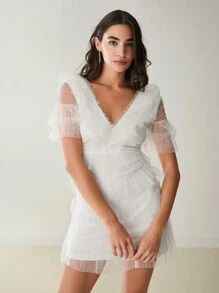 Enchnt Vestido curto de malha elegante de cor sólida para verão feminino - Branco - Ver 6