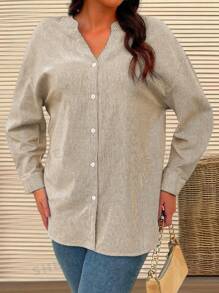 EMERY ROSE Camisa a rayas de manga larga con cuello en V y botones delanteros para tallas grandes