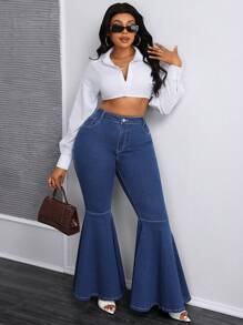 SHEIN SXY Jeans ajustados acampanados con cintura alta y elástico de talla grande - Azul lavado oscuro - Ver 4