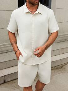 Manfinity Homme 2pcs Men's Plus Size Summer Casual Solid Color Short Sleeve Shirt & Shorts Set - Apricot - View 4