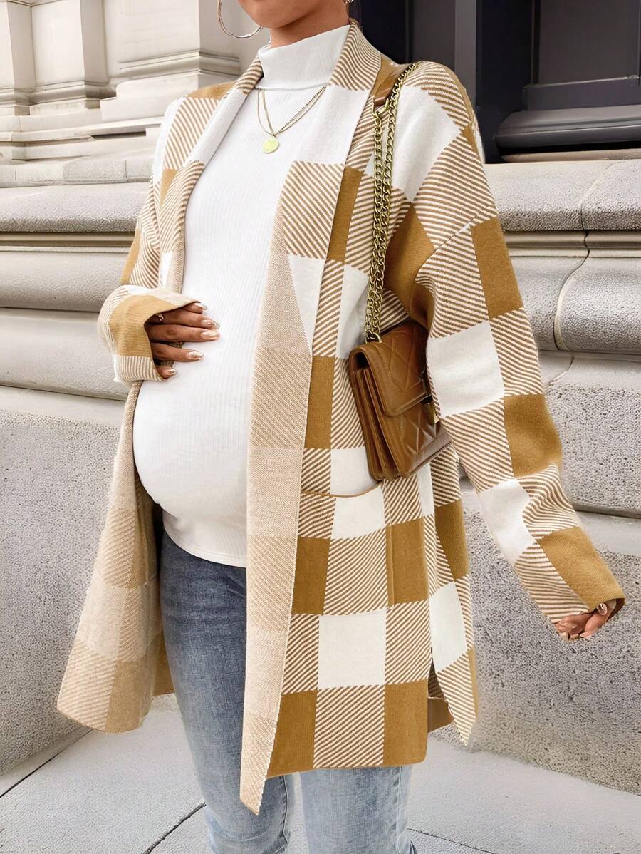 SHEIN Kardigan Kotak-kotak Lengan Panjang, Sweater Panjang, Pakaian Kasual, Untuk Ibu Hamil, Untuk Musim Dingin - Khaki - View 1