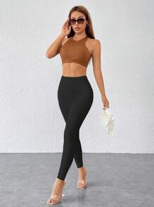 SHEIN PETITE 净色高腰紧身裤 - 黑色 - 查看 6