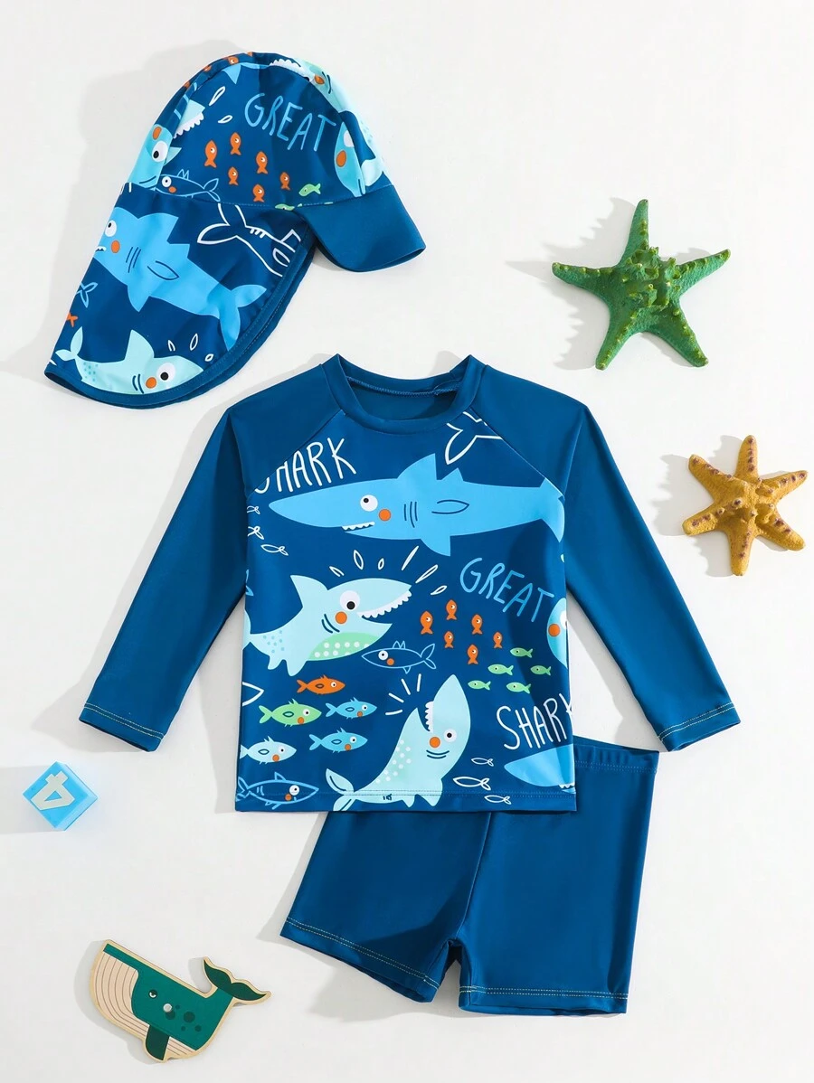 Young Boys Long Sleeve Shorts Swimsuit Set - Navy Blue - View 1