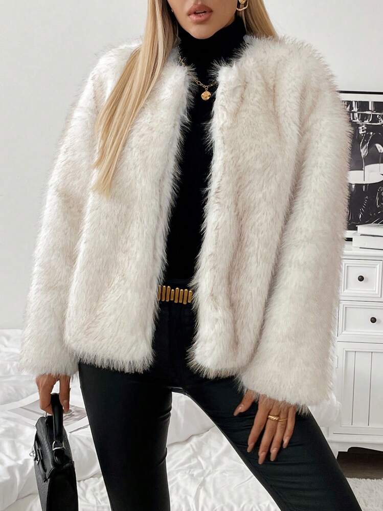 SHEIN Unity Women's Open Front Fluffy Short Jacket (Artificial Fur