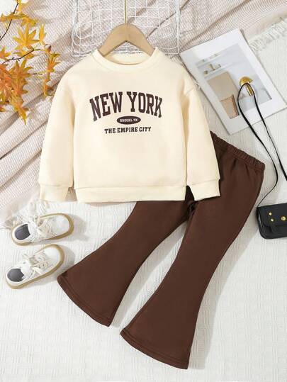 SHEIN Explorewe 2pcs/Set Young Girl Letter Print Pullover Sweatshirt And Wide Leg Pants Casual Outdoor Sports Set, Fall/Winter