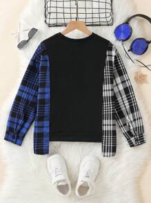 Young Boy Fashion Plaid Patchwork Crew Neck Sweatshirt, Spring And Autumn - Multicolor - View 2