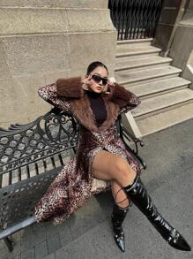 SHEIN MOOSTA Plus Size Fashionable Leopard Fluffy Long Coat For Winter - Brown - View 8