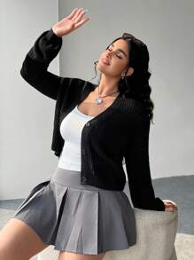 SHEIN EZwear Blusas básicas de manga larga con botones de unicolor talla grande, uso casual diario para otoño e invierno - Negro - Ver 3