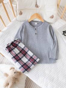 SHEIN 男童纯色上衣和格子裤睡衣套装