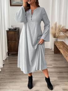SHEIN LUNE Long Sleeve Button Decorated Empire Waist A-Line Dress, Plus Size - Grey - View 3