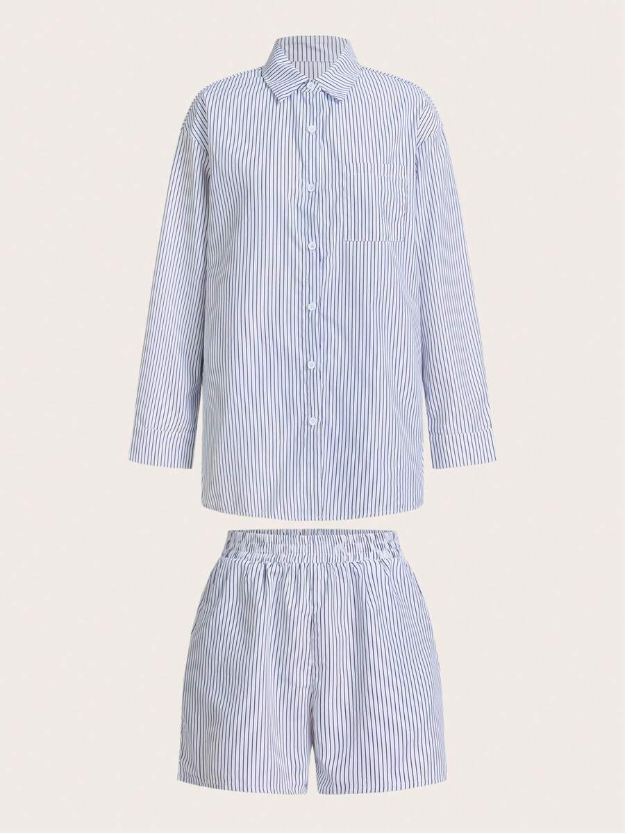 SHEIN Essnce 2 peças Conjunto casual de blusa e shorts listrados azul e branco para mulheres no verão - Azul e Branco - Visão 1
