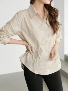 DAZY Women's Solid Color Simple Daily Long Sleeve Cinched Waist Blouse,Fall Clothes - Apricot - View 12
