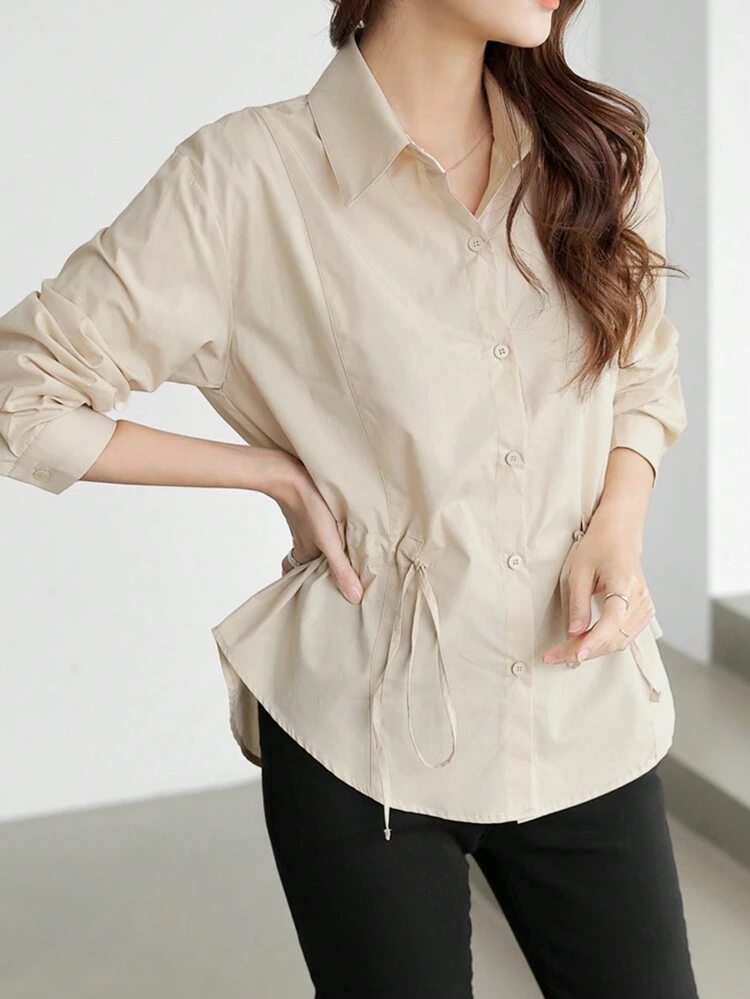 Women's Solid Color Simple Daily Long Sleeve Cinched Waist Blouse,Fall Clothes