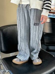 1pc Young Boys Casual Preppy Basic Gray Elastic Waist Pleated Textured Straight Leg Pants, Suitable For Commuting, School, Daily Casual, Fits Kids Outfits, Young Boy Clothes, Back To School, School Uniform, Suitable For Kindergarten, Birthday Party, Evening Party, Wedding, Christening, School Opening Ceremony, Daily Wear, Travel, Sports, Fall, Winter