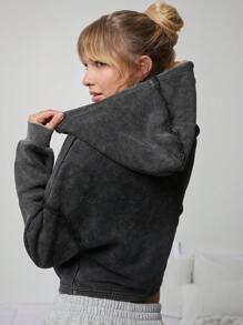 WESTFADE 华夫格针织休闲短款棉质连帽衫 - 黑色 - 查看 3