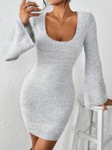 Chiquease Women's Solid Color Simple Everyday Flare Sleeve Pullover Long Dress Fall Cloth For Women - Grey - View 4